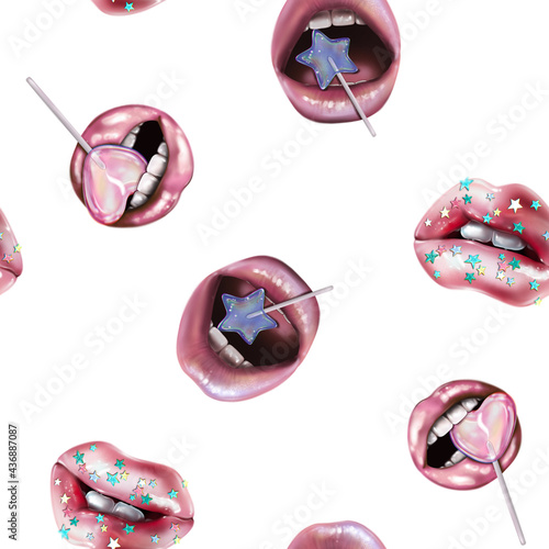 Abstract pattern with lips and lollipops. Sexy woman lips with pink holding lollipop, beauty close up.