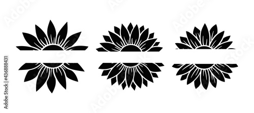 Sunflower split monogram. Flower silhouette vector illustration. Sunflower graphic logo, hand drawn icon for packaging, decor. Petals frame, black silhouette isolated on white background