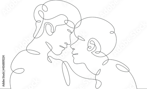 One continuous line.Kissing couple. Kiss of two lovers.Hugs of lovers.One continuous drawing line logo isolated minimal illustration.