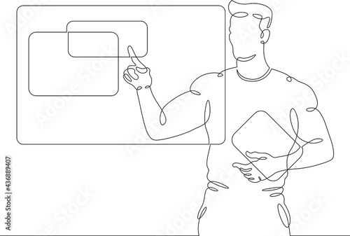 One continuous line.Programmer designer works with virtual screens. Information technology.One continuous drawing line logo isolated minimal illustration.