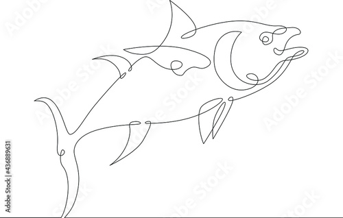 One continuous line.Swimming tuna. Contour silhouette of fish. One continuous drawing line logo isolated minimal illustration.