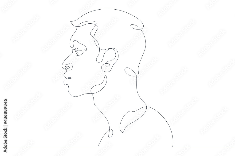 One continuous line.Young man face profile portrait.One continuous drawing line logo isolated minimal illustration.Silhouette contour of a man.