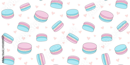 Blue and pink macaroons on a white background with small hearts. Endless texture with French sweet pastries. Vector seamless pattern for bakery, pastry shop, confectionery, wrapping paper or packaging