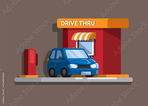 Car in Drive thru fast food restaurant illustration cartoon vector
