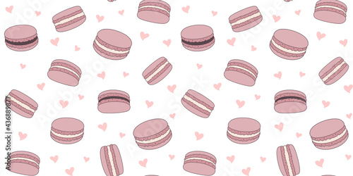 Chocolate macaroons on a white background with small hearts. Endless texture with French sweet pastries. Vector seamless pattern for bakery, pastry shop, confectionery, packaging and surface texture
