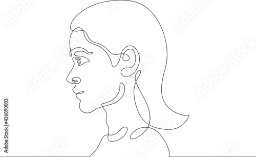 One continuous line.Young woman face profile portrait.Silhouette contour girl.One continuous drawing line logo isolated minimal illustration.