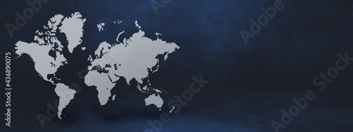World map on black wall background. 3D illustration. Horizontal banner