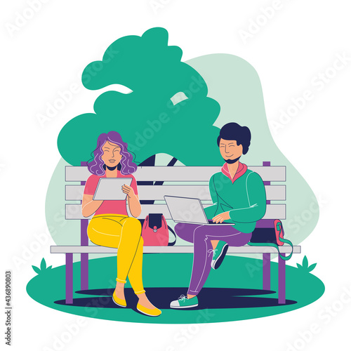 People with gadgets are sitting on a bench in the park. Students study online. Remote work, freelance, learn online, distance studying. Vector illustration isolated, characters concept