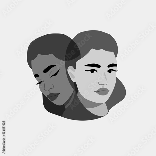Two faces of one person. Woman with two different personalities. Two-faced lady. Split Personality, bipolar disorder, Mood, emotions, mind Mental, psycho therapy concept. Abstract Vector illustration 