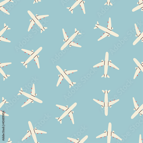 White planes in the blue sky. Top view. Hand drawn colored Vector illustration. Cartoon style. Square seamless Pattern. Background, wallpaer template. For your own design. Wrapping, textile concept