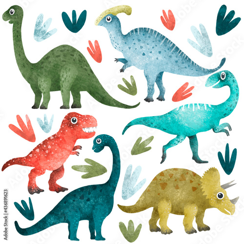 Dinosaurs vector set in cartoon style. Colorful cute baby illustration is ideal for a children s room. Kids set with dinosaurs. Cute baby animals. 