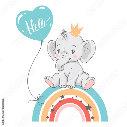Vector illustration of a cute baby elephant with crown and balloon, sitting on the rainbow.
