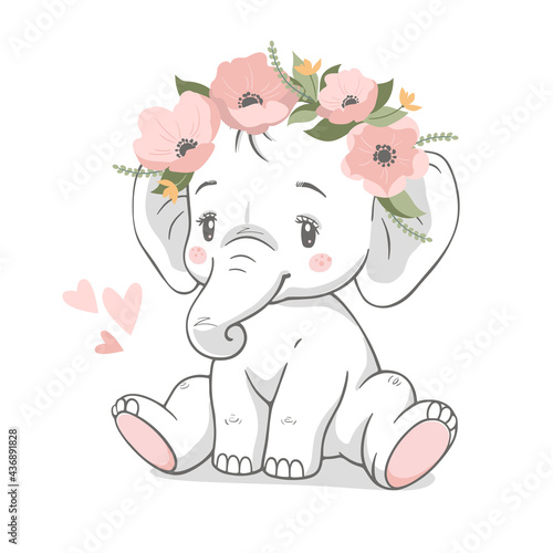 Cute baby elephant with wreath of pink flowers vector illustration.