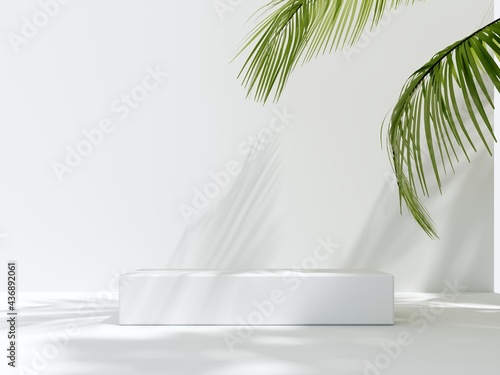 3D render podium  showcase on light white background with shadows in green tropical leaves of plants. Abstract natural organic background for advertising products  spa body care  relaxation  health.