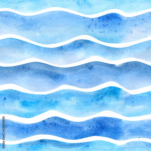 Blue watercolor wavy lines seamless pattern on a white background. Abstract ocean endless print. Hand-drawn waves background. Horizontal wave illustration. Turquoise backdrop. © Nadja