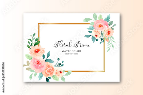 Watercolor pink rose background with golden frame