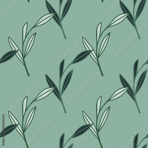 Nature organic seamless pattern with outline leaves print. Blue background. Scrapbook floral ornament.