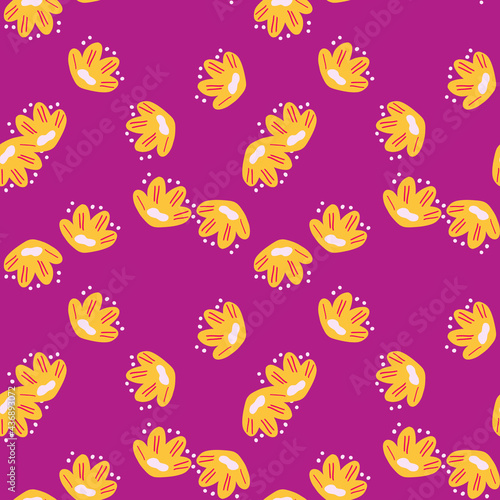 Bloom seamless floral pattern with bright yellow childish flowers ornament. Pink background.