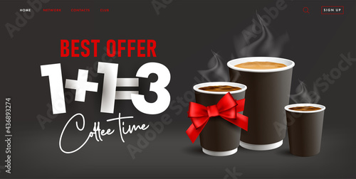 Coffee time web promo banner with paper cups take away and one free, paper sticky letters typography