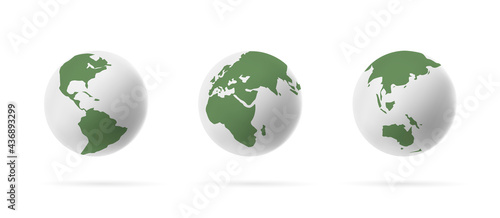 Set of Earth globe 3d icons isolated on light background, stylized white and green colors graphic
