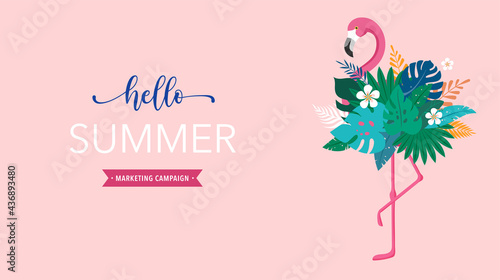 Summer background and concept design, Pink flamingo with jungle exotic leaves and parrot. Hello summer background and banner