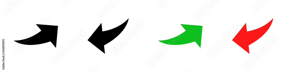 Conjunto de iconos de flecha curva hacia arriba y abajo, estilo silueta negro, verde y rojo. Ilustración vectorial Conjunto de iconos de flecha curva hacia arriba y abajo, estilo silueta negro, verde y rojo. Ilustración vectorial
