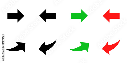Conjunto de iconos de flecha curva y simple, hacia arriba y abajo, estilo silueta negro, verde y rojo. Ilustración vectorial