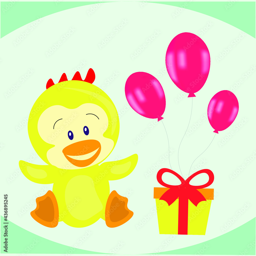 Vector illustration of a chick with a gift and balls. Can be applied on greeting card, banner, clothing, tableware, typography. Vector illustration of a chick with a gift and balls. Can be applied on greeting card, banner, clothing, tableware, typography.