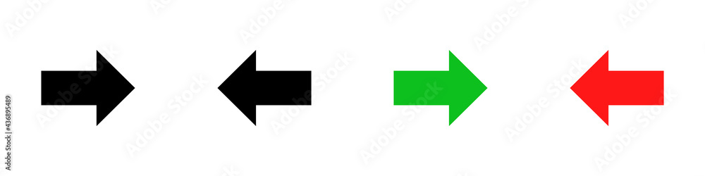 Fototapeta premium Conjunto de iconos de flecha simple hacia arriba y abajo, estilo silueta negro, verde y rojo. Ilustración vectorial