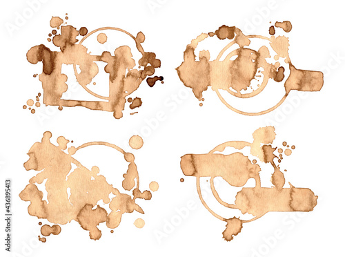 Set Coffee or tea black spots. Coffee spots with picture of nature. Dirty cup splash three rings stain or coffee stamp. Illustration for cafe design © Ovaculart