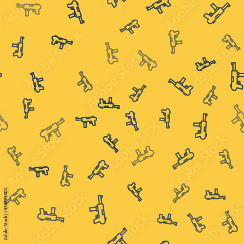 Blue line Submachine gun M3, Grease gun icon isolated seamless pattern on yellow background. Vector