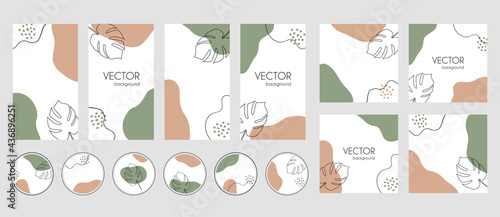 Social media stories, posts, highlights templates for instagram. Abstract backgrounds with tropical leaves, organic shapes and copy space for text