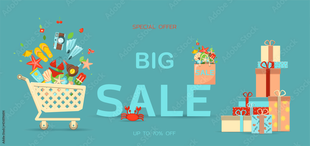 Vector banner for the summer sale. A bright flat illustration of the discount season. Ad template. Hot Summer Sale Typography