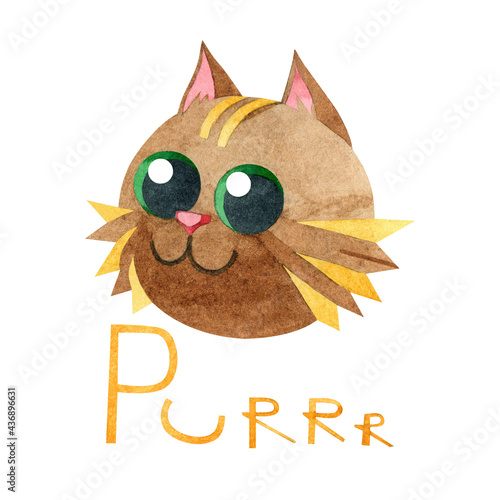 A postcard with a brown cat. Hand-drawn watercolor inscription 'purrr' and illustration with a funny crazy kitten on a white background. For posters, t-shirts, textiles, printing, postcards, stickers. photo