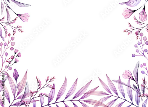 Wallpaper Mural Watercolor floral banner in purple. Horizontal frame with place for text. Hand painted artwork with transparent violet flower and tropical leaves. Abstract botanical illustration Torontodigital.ca