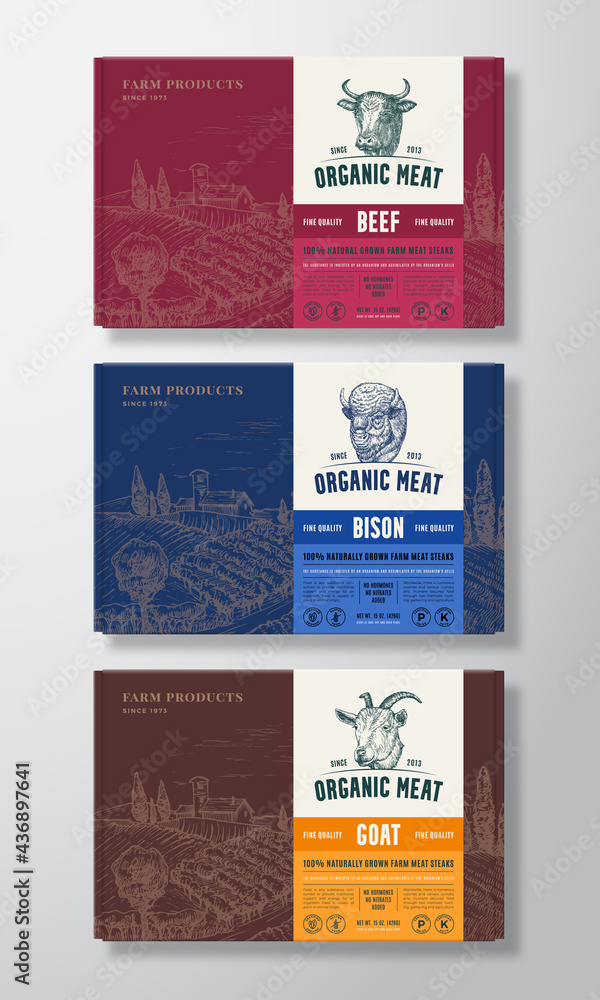 Premium Quality Food Box Mockups. Vector Meat Packaging Label Design on