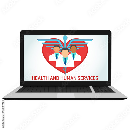 Health and human services vector illustration. Heart, doctors, caduceus inside a laptop. Emergency,medical, insurance concept design for banner, web. photo