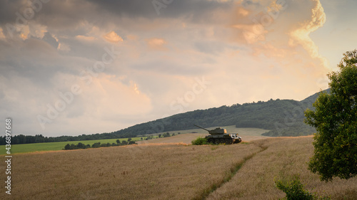 Soviet medium tank T-34 85 in the Valley of Death (Udolie smrti) - WWII battle area (the Battle of the Dukla Pass). Slovakia - Svidnik region - between the villages Kapišová, Kružľová and Nižná Pisana