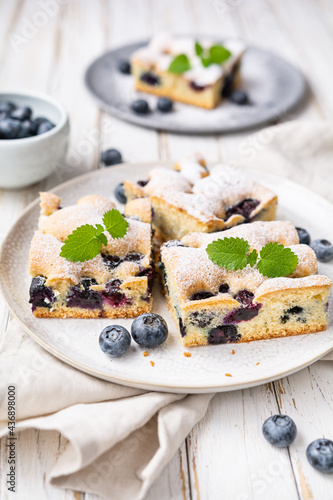 Delicious blueberry cake sprinkled with powdered sugar photo