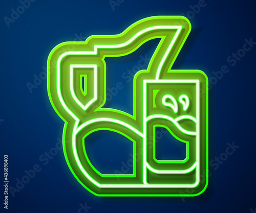 Glowing neon line Milk jug or pitcher and glass icon isolated on blue background. Vector