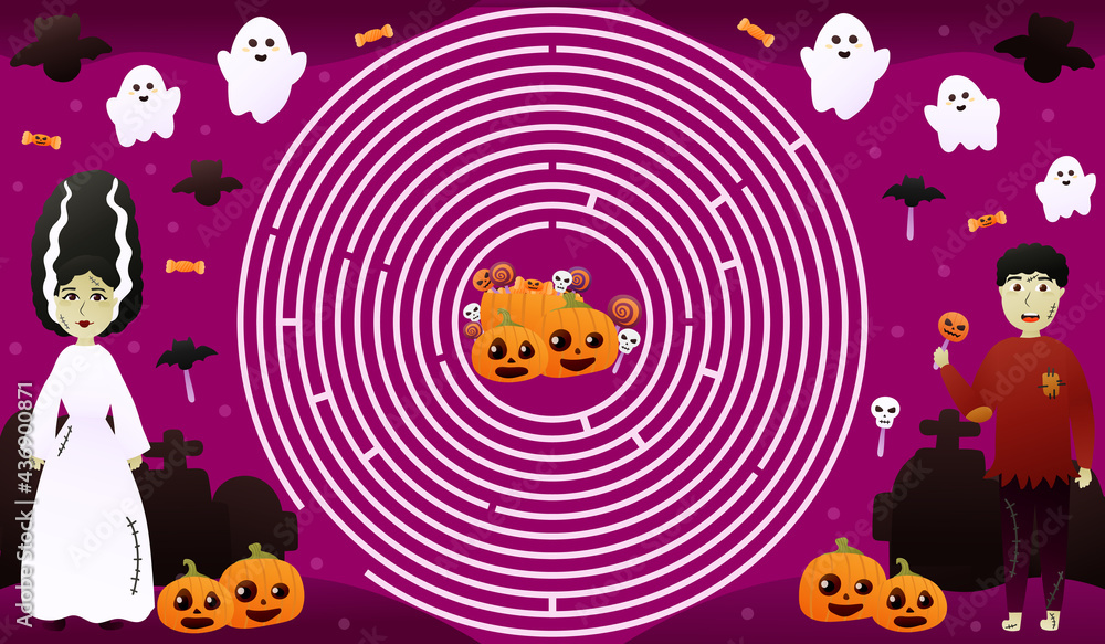 Fototapeta premium Circle maze for kids with colourful halloween character, find way to candies, cute pumpking faces and flyingg ghosts on purple background, printable worksheet for halloween or children books