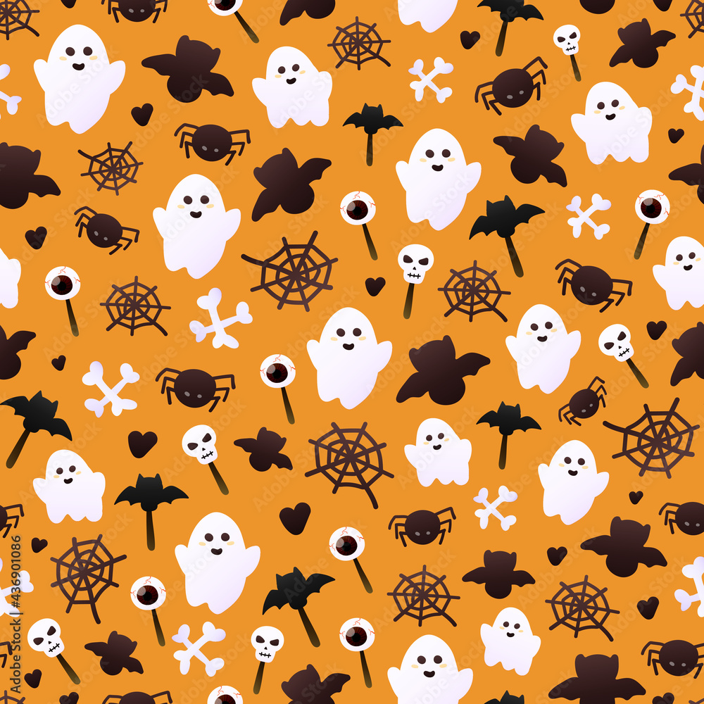 Colourful ghost pattern for halloween with bats and spiders, candies on orange background, ornate for wrapping paper or wallpaper, black holiday symbols, spooky design Colourful ghost pattern for halloween with bats and spiders, candies on orange background, ornate for wrapping paper or wallpaper, black holiday symbols, spooky design