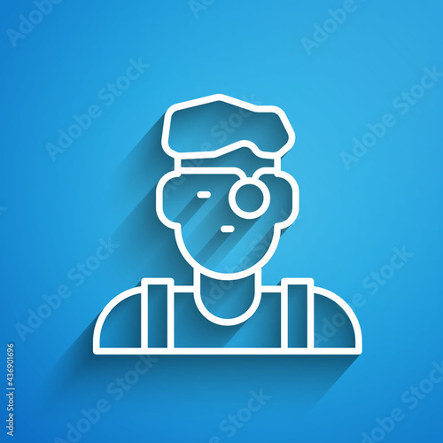 White line Jeweler man icon isolated on blue background. Long shadow. Vector
