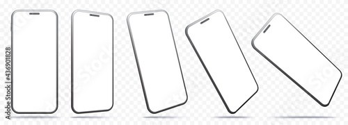 Mobile Phone Vector Mockup With Perspective Views. Smartphone Screens Isolated on Transparent Background.