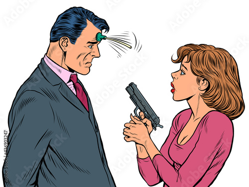 the woman pointed the gun suction Cup joke at the man. spies, agents and detectives