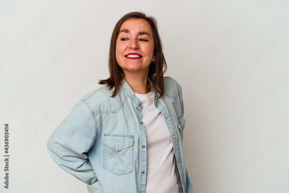 Middle age caucasian woman isolated on white background confident keeping hands on hips. Middle age caucasian woman isolated on white background confident keeping hands on hips.