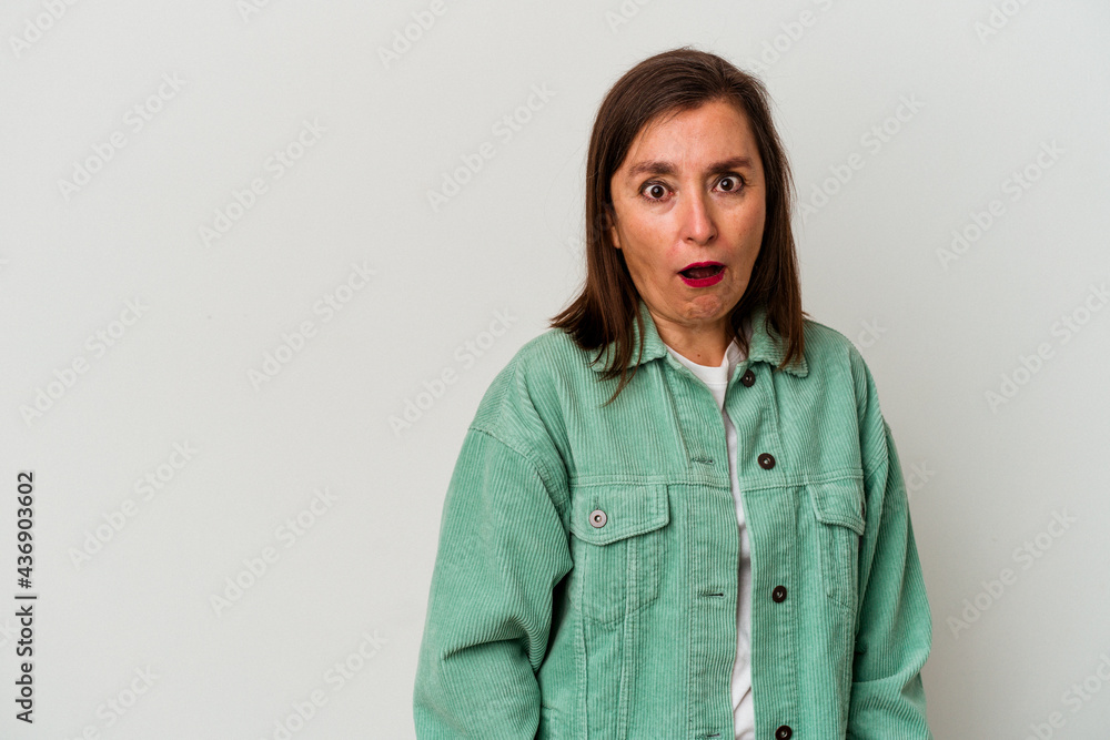 Middle age caucasian woman isolated on white background being shocked because of something she has seen. Middle age caucasian woman isolated on white background being shocked because of something she has seen.