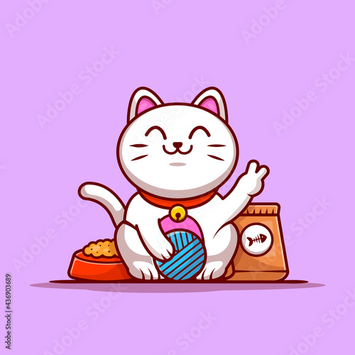 Cute Lucky Cat With Yarn Ball And Food Cartoon Vector Icon Illustration. Animal Nature Icon Concept Isolated Premium Vector. Flat Cartoon Style