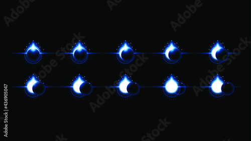 Set Collection Phases Of A Solar And Lunar Eclipse On Dark Background Sun