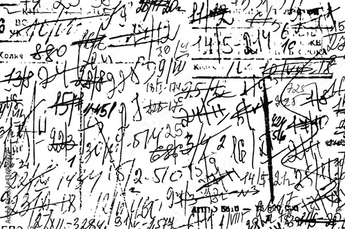 Grunge texture of illegible sloppy notes with calculations and smudges. Monochrome background of an unreadable draft with numbers and strikethrough. Overlay template. Vector illustration